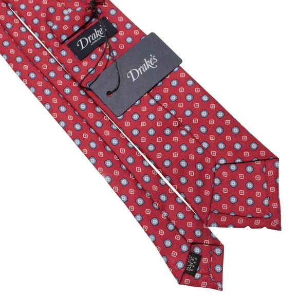 Drake's NWT Neck Tie in Red with Light Blue & White Geometric Pattern 100% Silk